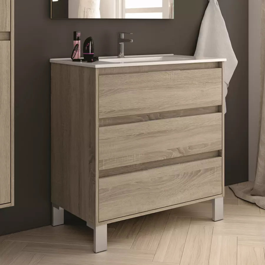 Meuble de salle de bain 100cm simple vasque - 3 tiroirs - sans miroir - TIRIS 3C