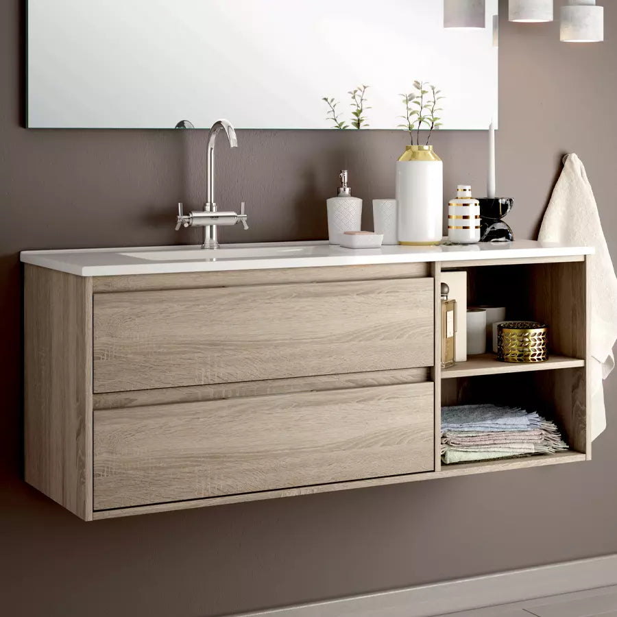 Meuble de salle de bain 120cm vasque déportée - 2 tiroirs et 2 niches - sans miroir - OLYMPE
