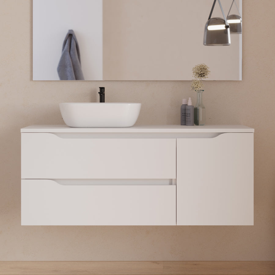 Meuble de salle de bain 120cm avec plateau et vasque à poser déportée à gauche Zeus - sans miroir - 2 tiroirs et un placard - ZARZA