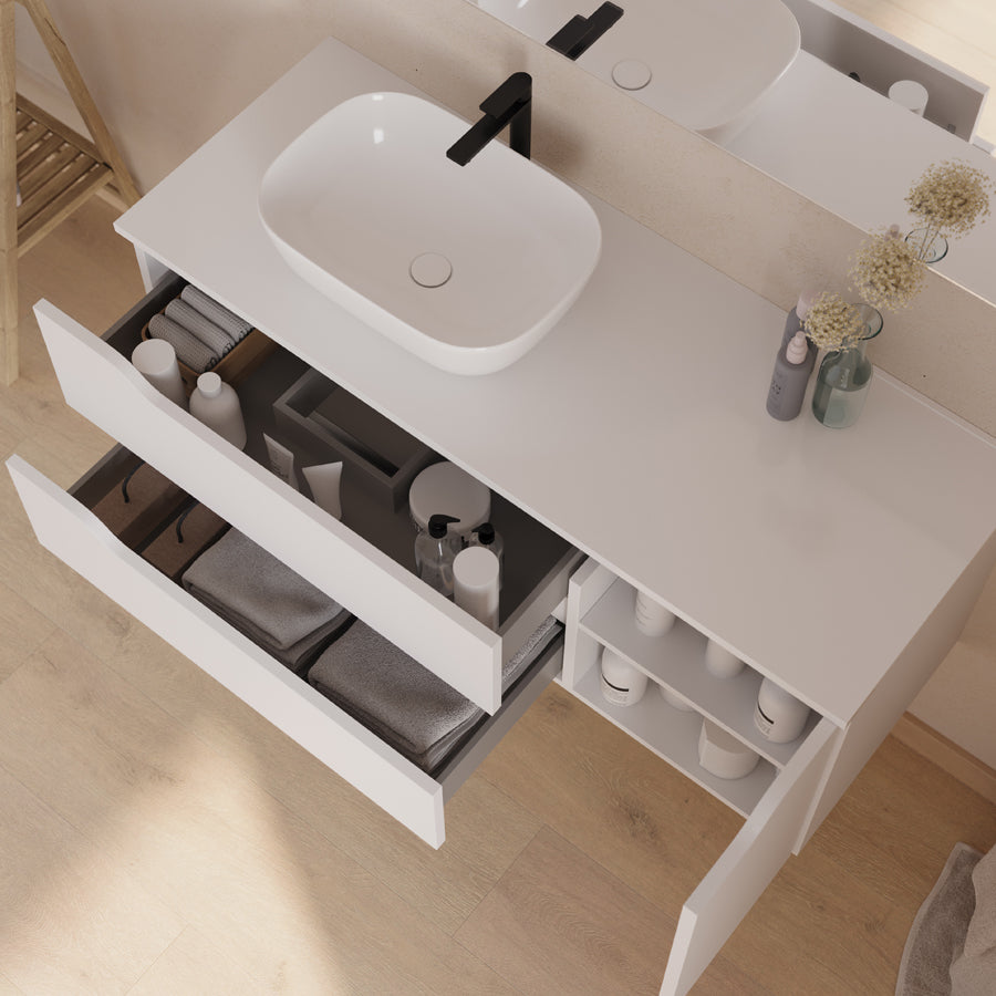 Meuble de salle de bain 120cm avec plateau, vasque à poser déportée à gauche Zeus et miroir - 2 tiroirs et un placard - ZARZA