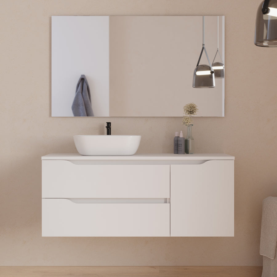 Meuble de salle de bain 120cm avec plateau, vasque à poser déportée à gauche Zeus et miroir - 2 tiroirs et un placard - ZARZA