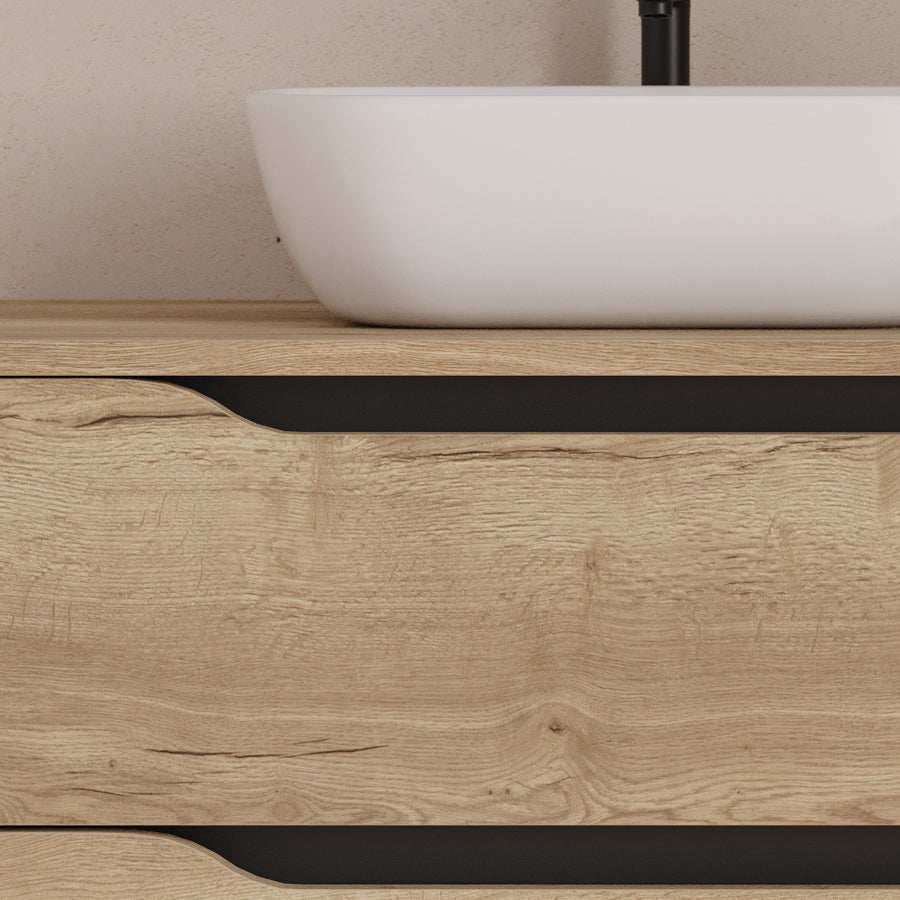 Meuble de salle de bain 120cm avec plateau, vasque à poser déportée à gauche Zeus et miroir - 2 tiroirs et un placard - ZARZA