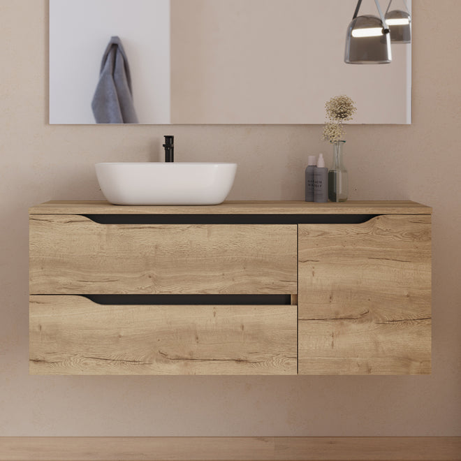 Meuble de salle de bain 120cm avec plateau et vasque à poser déportée à gauche Zeus - sans miroir - 2 tiroirs et un placard - ZARZA