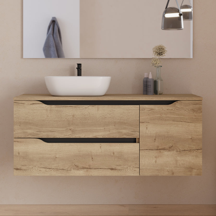 Meuble de salle de bain 120cm avec plateau, vasque à poser déportée à gauche Zeus et miroir - 2 tiroirs et un placard - ZARZA
