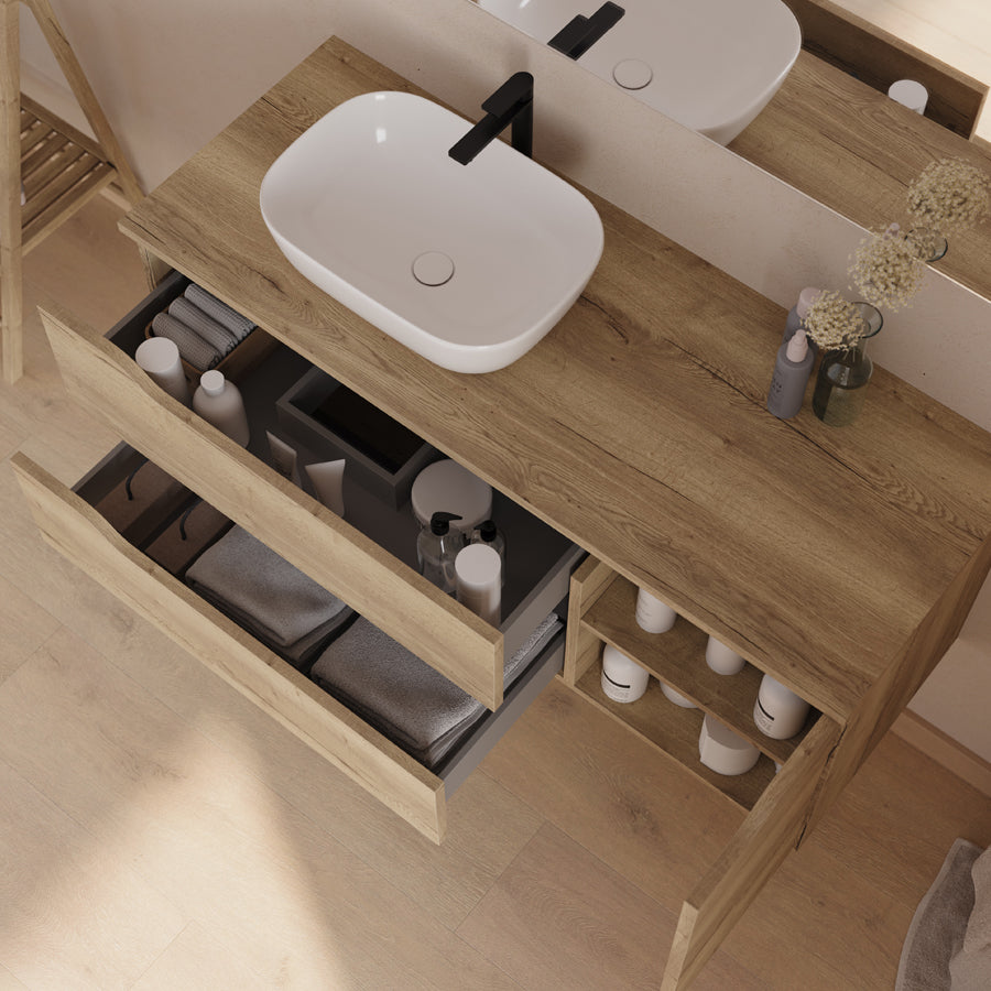 Meuble de salle de bain 120cm avec plateau, vasque à poser déportée à gauche Zeus et miroir - 2 tiroirs et un placard - ZARZA