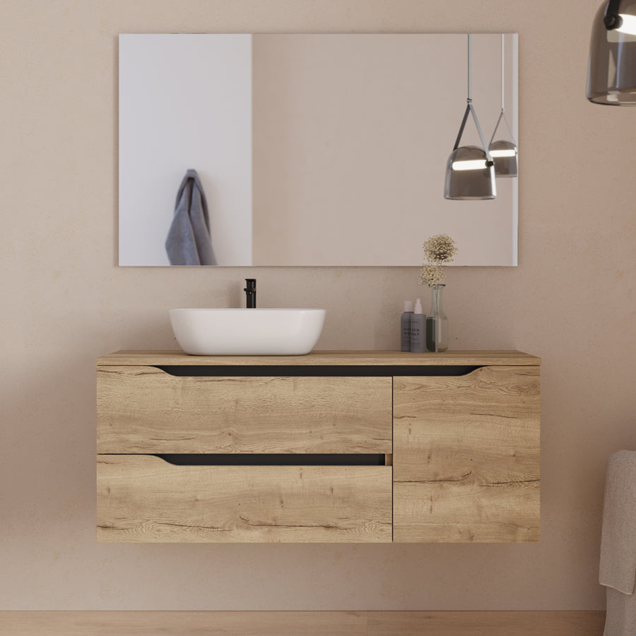Meuble de salle de bain 120cm avec plateau et vasque à poser déportée à gauche Zeus - sans miroir - 2 tiroirs et un placard - ZARZA