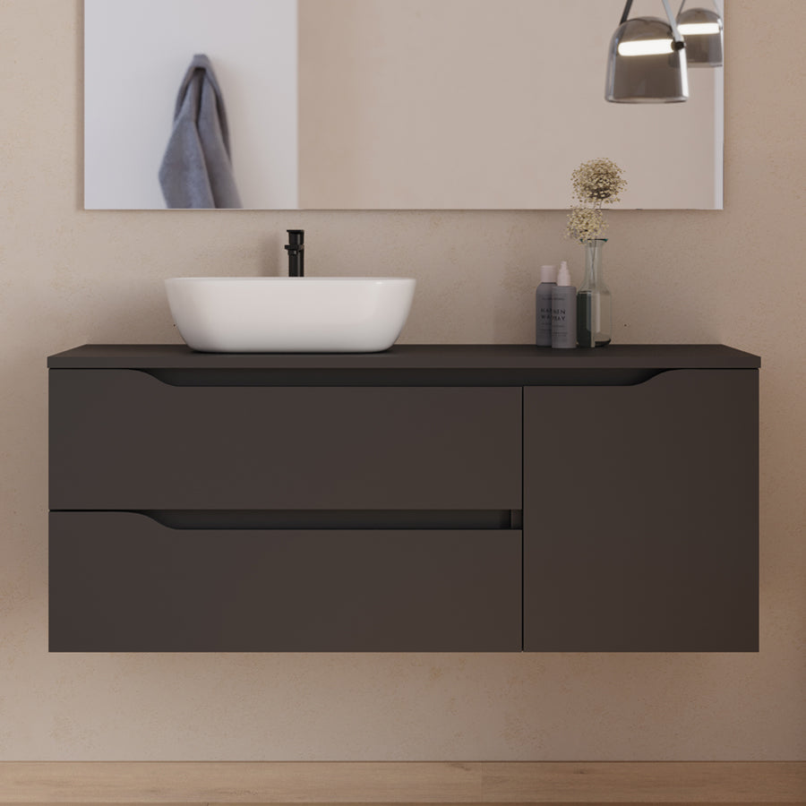 Meuble de salle de bain 120cm avec plateau, vasque à poser déportée à gauche Zeus et miroir - 2 tiroirs et un placard - ZARZA