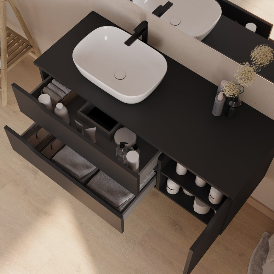 Meuble de salle de bain 120cm avec plateau et vasque à poser déportée à gauche Zeus - sans miroir - 2 tiroirs et un placard - ZARZA
