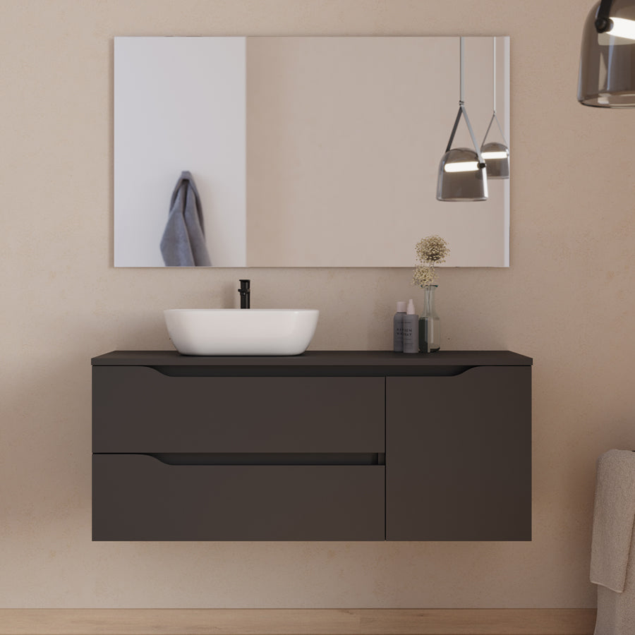 Meuble de salle de bain 120cm avec plateau, vasque à poser déportée à gauche Zeus et miroir - 2 tiroirs et un placard - ZARZA