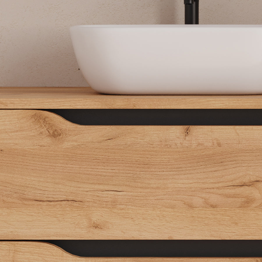 Meuble de salle de bain 120cm avec plateau et vasque à poser déportée à gauche Zeus - sans miroir - 2 tiroirs et un placard - ZARZA