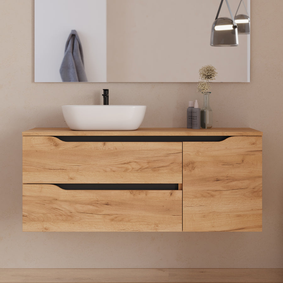 Meuble de salle de bain 120cm avec plateau, vasque à poser déportée à gauche Zeus et miroir - 2 tiroirs et un placard - ZARZA