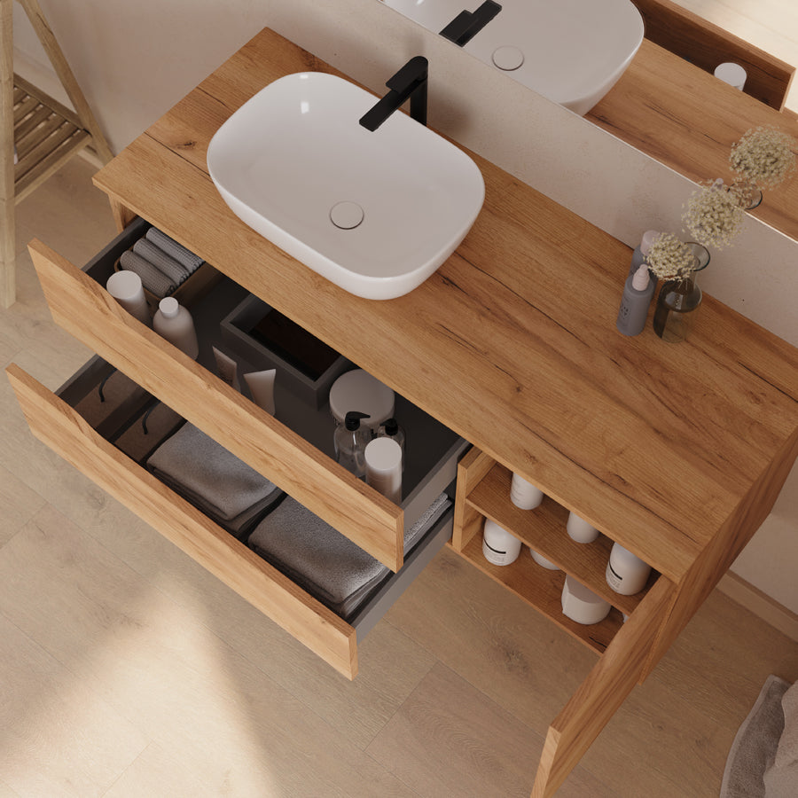 Meuble de salle de bain 120cm avec plateau et vasque à poser déportée à gauche Zeus - sans miroir - 2 tiroirs et un placard - ZARZA