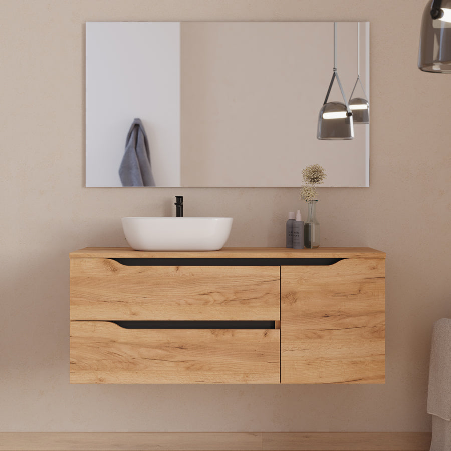 Meuble de salle de bain 120cm avec plateau, vasque à poser déportée à gauche Zeus et miroir - 2 tiroirs et un placard - ZARZA