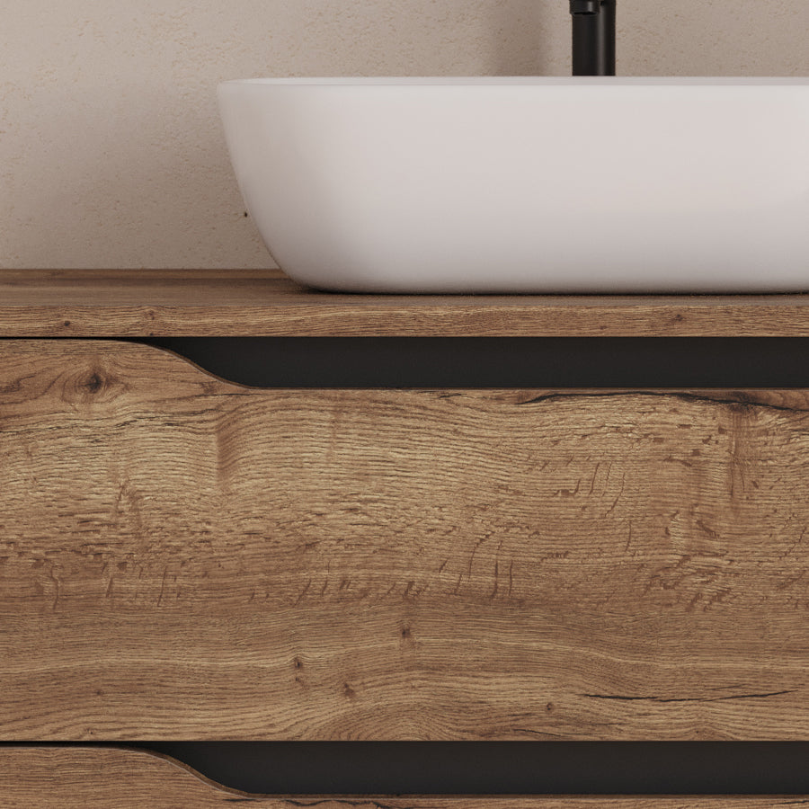 Meuble de salle de bain 120cm avec plateau et vasque à poser déportée à gauche Zeus - sans miroir - 2 tiroirs et un placard - ZARZA
