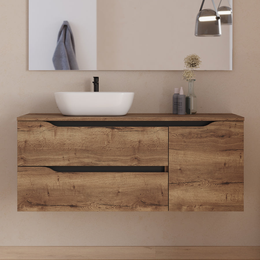 Meuble de salle de bain 120cm avec plateau et vasque à poser déportée à gauche Zeus - sans miroir - 2 tiroirs et un placard - ZARZA