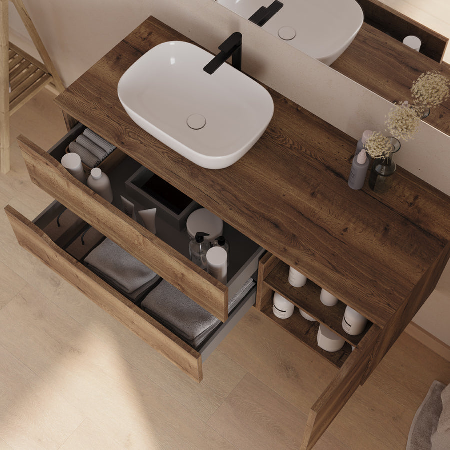 Meuble de salle de bain 120cm avec plateau et vasque à poser déportée à gauche Zeus - sans miroir - 2 tiroirs et un placard - ZARZA