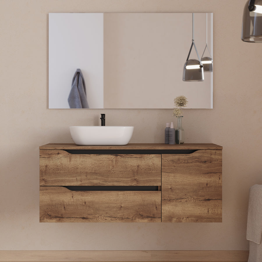 Meuble de salle de bain 120cm avec plateau, vasque à poser déportée à gauche Zeus et miroir - 2 tiroirs et un placard - ZARZA
